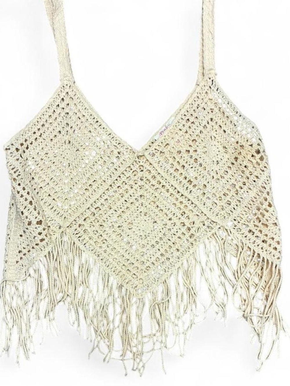 y2k crochet fringe tank top boho cream knit festival hippie top